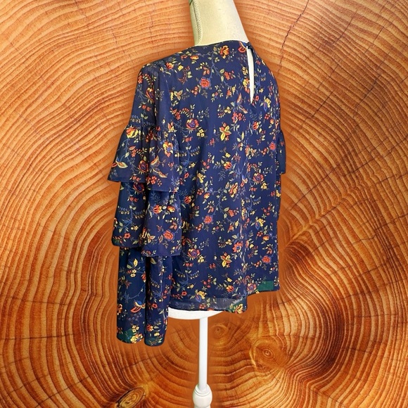Madewell ‘Ruffle Sleeve Top’ in “Oriental Floral Midnight” Navy Blue Size Small - Picture 9 of 16